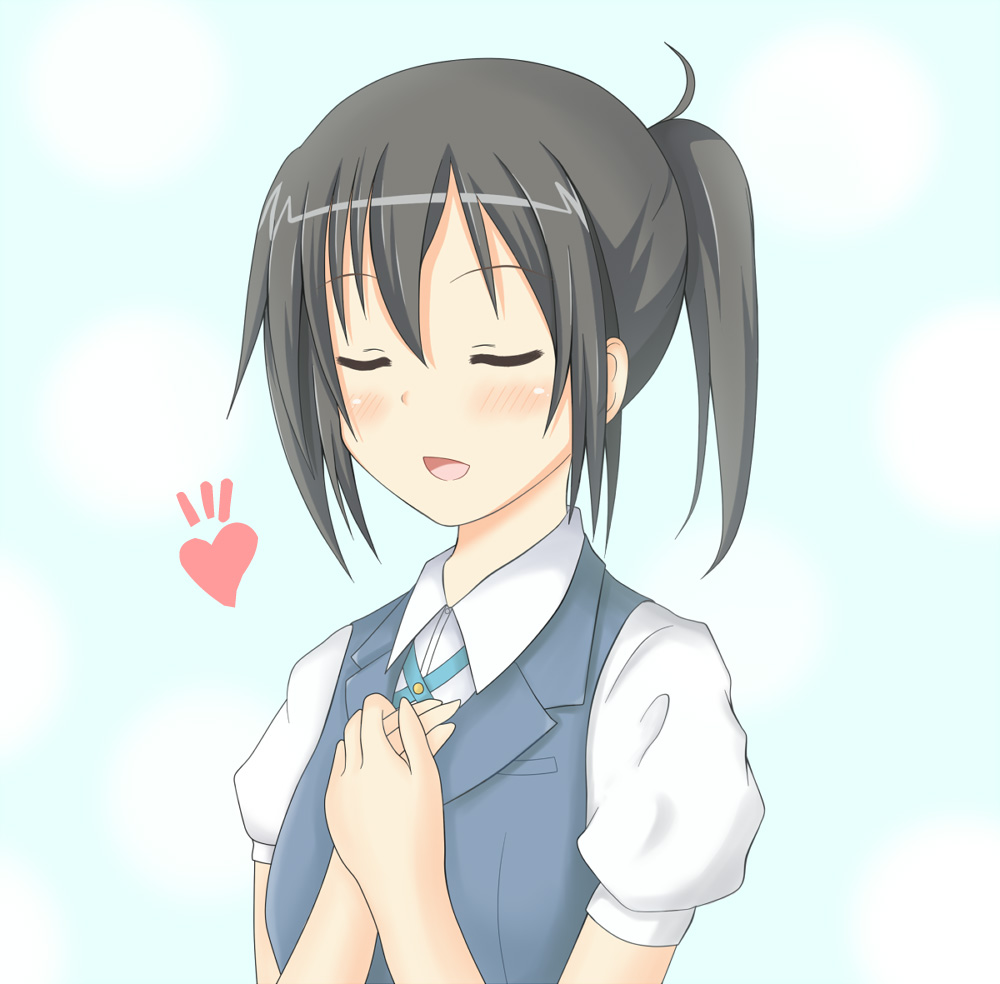 10s, 1girl, black_eyes, black_hair, blush, closed_eyes, female_focus, hands_on_own_chest, music, open_mouth, osa@, ponytail, sakai_wakana, school_uniform, simple_background, singing, solo, tari_tari