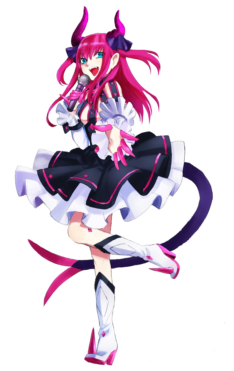 10s, 1girl, bad_id, bad_pixiv_id, blue_eyes, claws, detached_sleeves, dress, elizabeth_bathory_(fate), elizabeth_bathory_(fate/extra), elizabeth_bathory_(first_ascension)_(fate), fate/extra, fate/extra_ccc, fate_(series), female_focus, highres, hisakinin, horns, long_hair, microphone, solo, tail, two_side_up