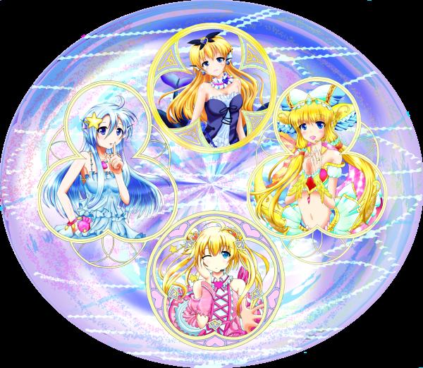 10s, 4girls, aqua_hair, bermuda_triangle, blonde_hair, blue_eyes, blue_hair, bow, cardfight!!_vanguard, dress, frilled_dress, frills, hair_bow, hair_ornament, hair_ribbon, headdress, headset, lolita_fashion, long_hair, mermaid, miniskirt, monster_girl, multiple_girls, ribbon, skirt, top_idol_aqua, top_idol_flores, top_idol_pacifica, top_idol_riviere, twintails