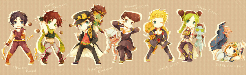 1girl, 6+boys, aqua_eyes, bad_id, bad_pixiv_id, bare_shoulders, basara_masa, battle_tendency