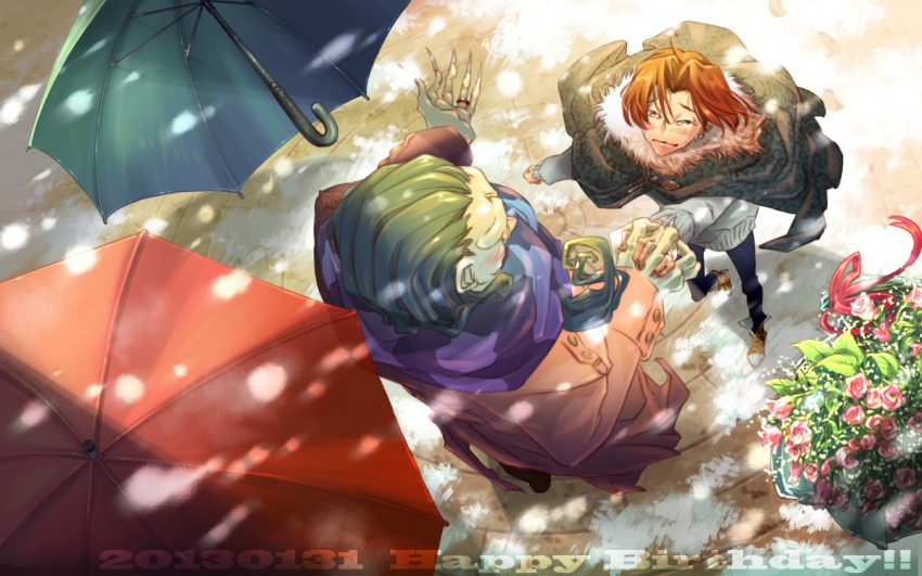 2boys, bouquet, dated, fate/zero, fate_(series), flower, from_above, gilles_de_rais_(caster)_(fate)