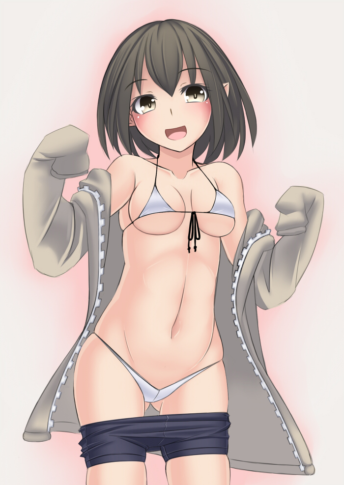 1girl, bike_shorts, bikini, black_eyes, black_hair, blush, breasts, clothes_pull