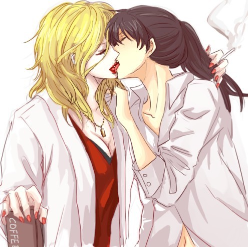 10s, 2girls, black_hair, blonde_hair, cigarette, couple, closed_eyes, french_kiss