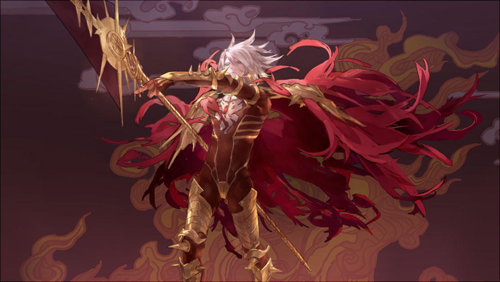 1boy, armor, bad_id, bad_pixiv_id, bishounen, blue_eyes, cape, cloud, fate/apocrypha, fate_(series), karna_(fate), male_focus, polearm, solo, soluz, weapon, white_hair
