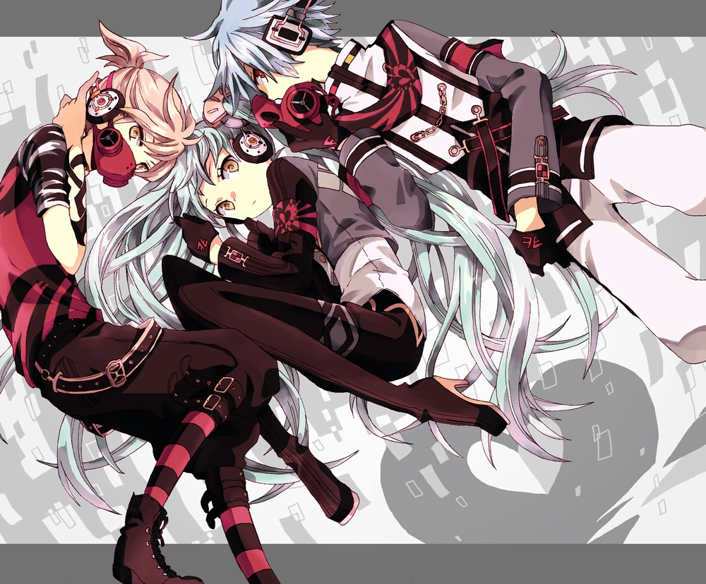 1girl, 2boys, belt, blue_hair, boots, chain, gas_mask, gloves