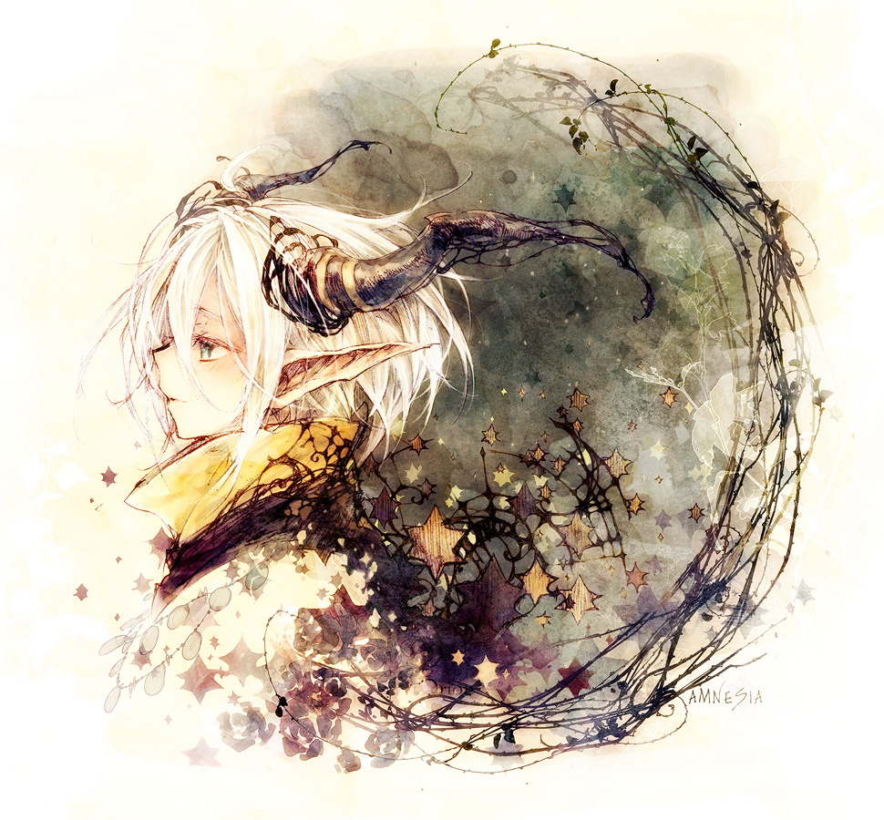 1boy, amnesia_(idea_factory), copyright_name, grey_hair, horns, male_focus, orion_(amnesia), pointy_ears