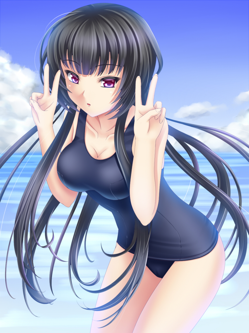 1girl, banpresto, beach, black_hair, double_v, highres, long_hair, one-piece_swimsuit, purple_eyes, saya_krueger, school_swimsuit, super_robot_wars, super_robot_wars_ux, swimsuit, tsubonorou, v, yukishiba_yanagi