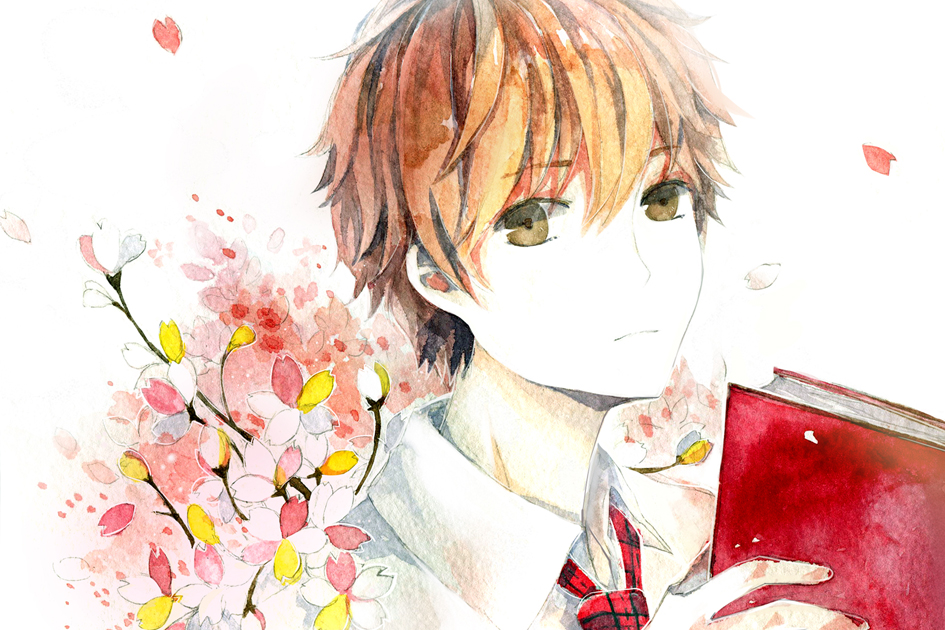 1boy, bad_id, bad_pixiv_id, book, brown_hair, chihayafuru, flower, male_focus