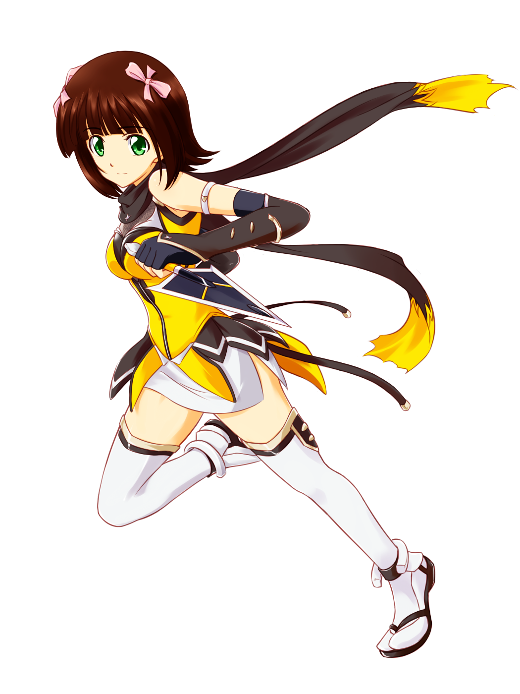 1girl, amami_haruka, breasts, brown_hair, choukou_(alicesoft), choukou_sennin_haruka, cosplay, female_focus, green_eyes, highres, idolmaster, idolmaster_(classic), name_connection, short_hair, solo, takamori_haruka, takamori_haruka_(cosplay), thighhighs, tohoho_(hoshinoyami), transparent_background