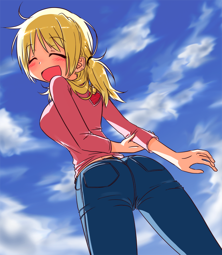 1girl, :d, ^_^, ass, bad_id, bad_pixiv_id, blonde_hair, blush, casual, closed_eyes, cloud, day, denim, ekusiregaia, female_focus, from_below, hidamari_sketch, jeans, looking_back, miyako_(hidamari_sketch), open_mouth, pants, ponytail, sky, smile, solo