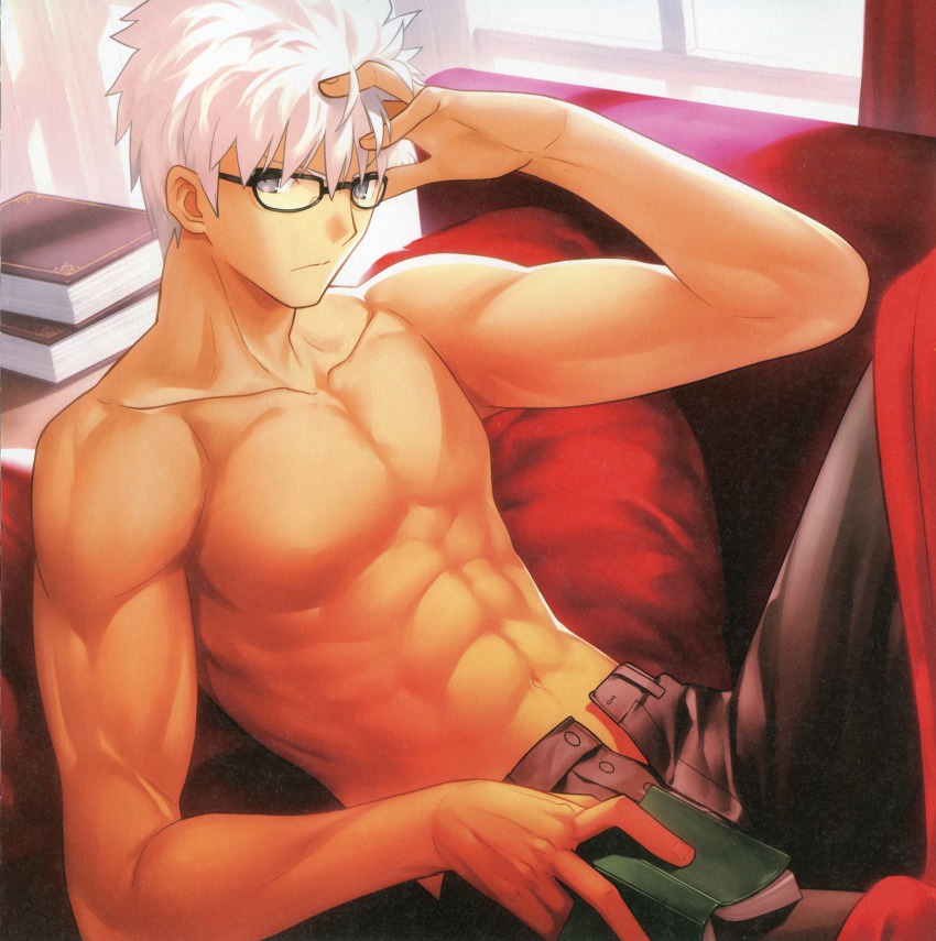 10s, 1boy, abs, archer_(fate), archer_(modern_black_costume)_(fate), bespectacled, book, couch, dark-skinned_male, dark_skin, fate/extra, fate/extra_ccc, fate_(series), glasses, grey_eyes, highres, male_focus, manly, muscular, navel, no_nipples, open_fly, red_upholstery, scan, solo, takeuchi_takashi, topless_male, unbuttoned, unzipped, white_hair
