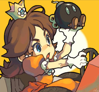1girl, aqua_eyes, artist_request, bob-omb, bomb, brown_hair, crown, dress, driving, earrings, explosive, female_focus, gloves, head_fuse, jewelry, lowres, mario_(series), mario_kart, mario_kart_ds, nintendo, photoshop_(medium), princess_daisy, solo, source_request, standard_kart_(mario)