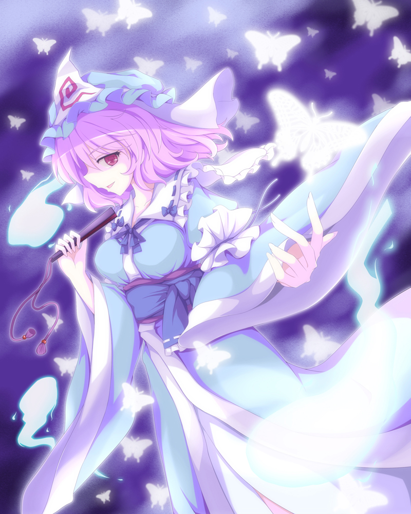 1girl, breasts, bug, butterfly, female_focus, flan_(zhd91), folded_fan, folding_fan