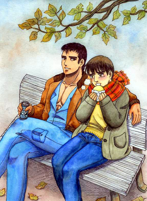 2boys, abe_takakazu, bench, bomber_jacket, can, coat, denim, ichikawa_(chi6bee)