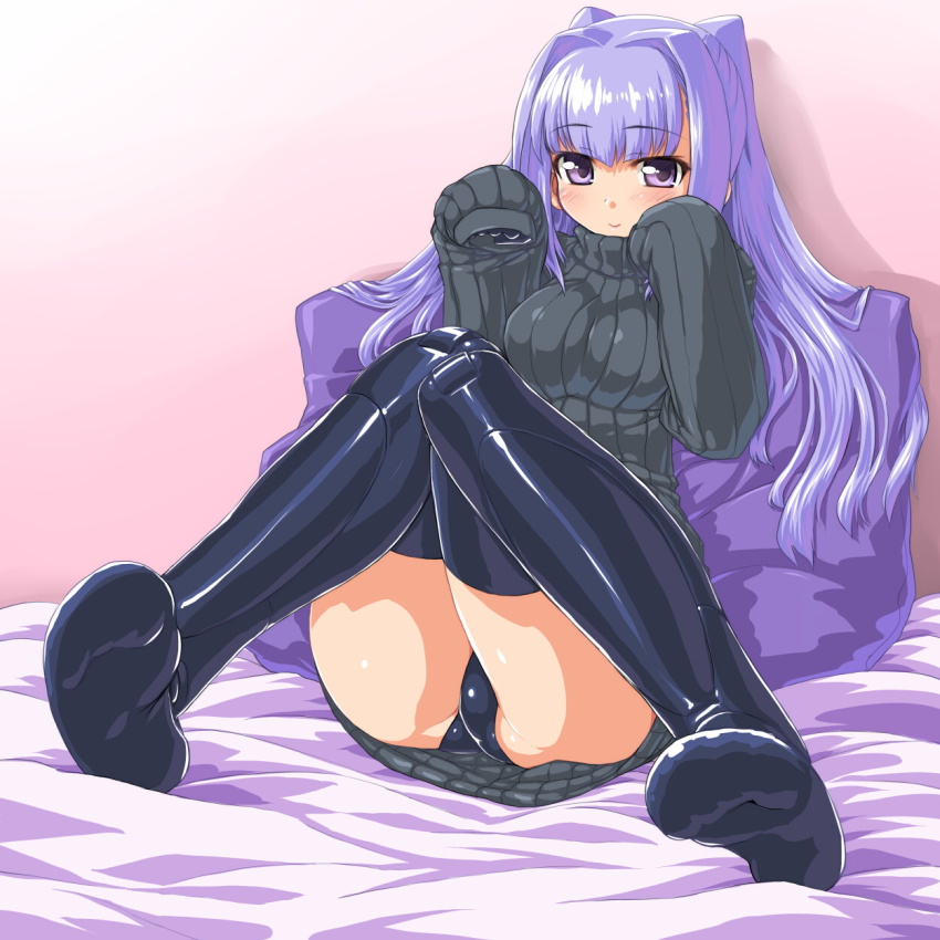 10s, 1girl, bad_id, bad_pixiv_id, black_panties, black_thighhighs, breasts, busou_shinki, dd_(ijigendd), doll_joints, feet, female_focus, highres, joints, light_smile, long_hair, panties, pillow, purple_eyes, purple_hair, ribbed_sweater, sharatang_(busou_shinki), solo, sweater, thighhighs, thighs, turtleneck, underwear