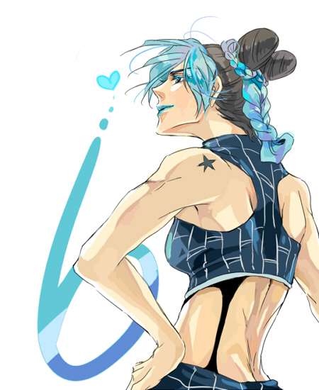 1girl, birthmark, black_hair, blue_hair, blue_lips, chabasu, double_bun, female_focus