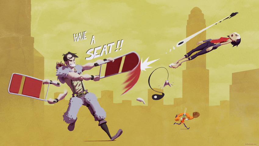 1boy, 2girls, aqua_hair, arm_hair, attack, bare_shoulders, baseball_glove, beowulf_(skullgirls)