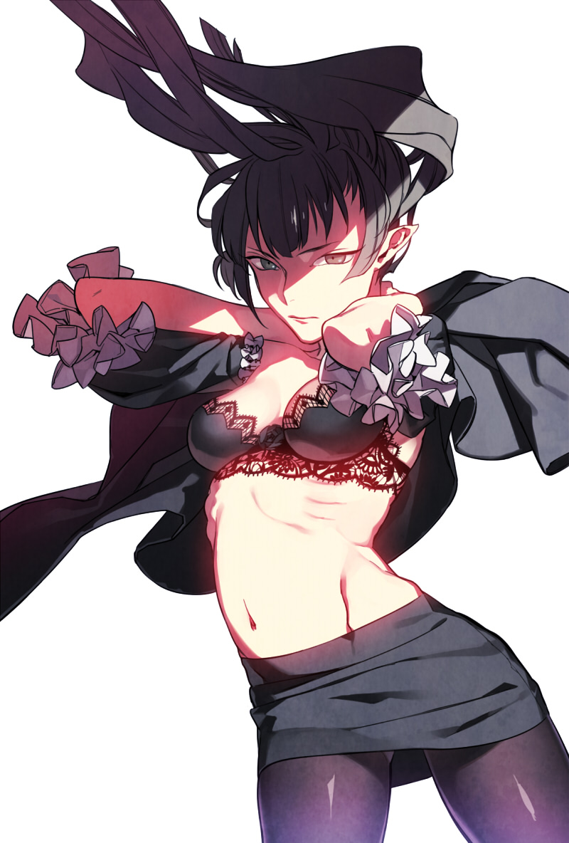 1girl, bad_id, bad_pixiv_id, black_hair, bra, breasts, female_focus, heterochromia
