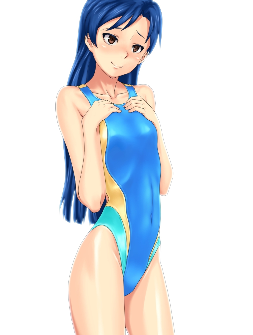 1girl, blue_hair, brown_eyes, competition_swimsuit, highres, idolmaster, idolmaster_(classic), kaimu_(pixiv)
