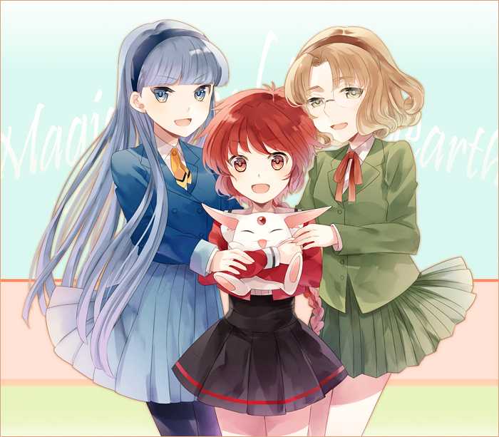 1990s_(style), 3girls, 88_(kimidori_midori), :d, bad_id, bad_pixiv_id, black_legwear, blazer