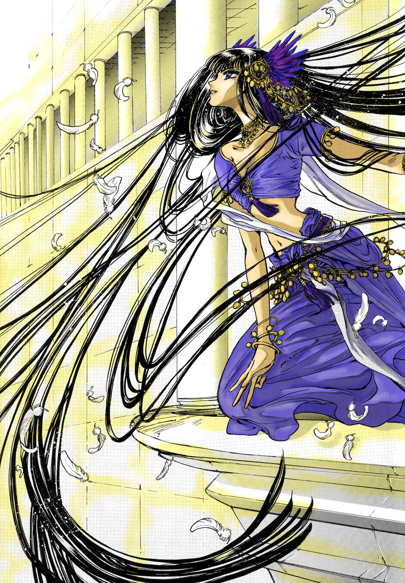 1girl, absurdly_long_hair, bangle, black_hair, bracelet, clamp, colonnade, feathers