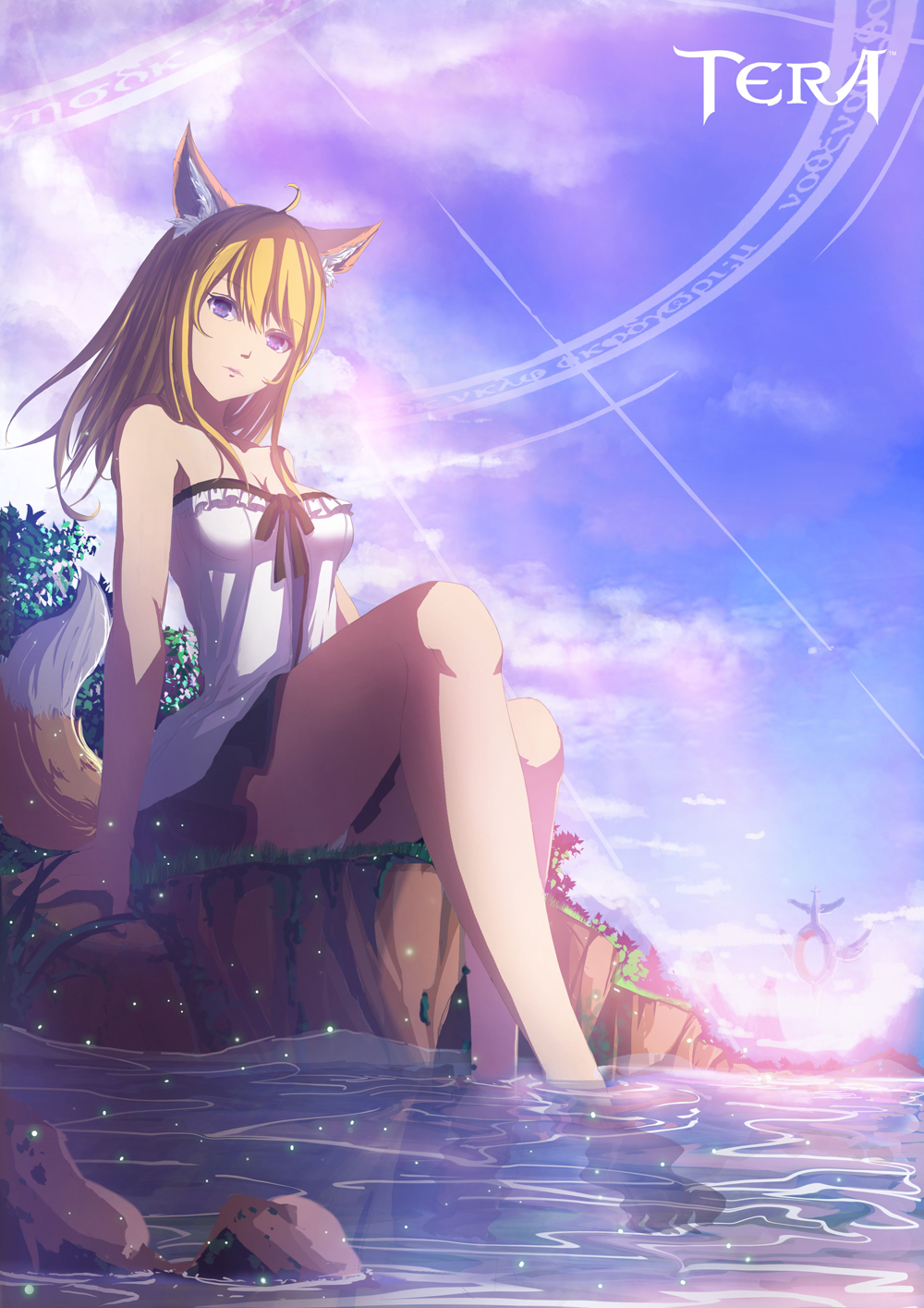 1girl, ahoge, animal_ears, bare_shoulders, blonde_hair, breasts, cloud, dress, elin, female_focus, fox_ears, fox_tail, grass, highres, legs, looking_at_viewer, nature, panties, pantyshot, purple_eyes, river, rock, sitting, skirt, sky, soaking_feet, solo, tail, tenko22702, tera_online, thighs, underwear, upskirt, water, white_panties
