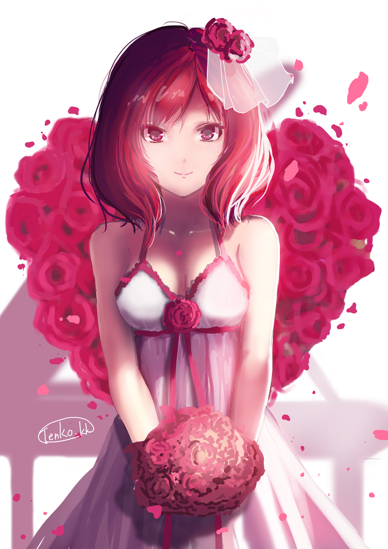 10s, 1girl, bouquet, breasts, dress, female_focus, flower, hair_flower