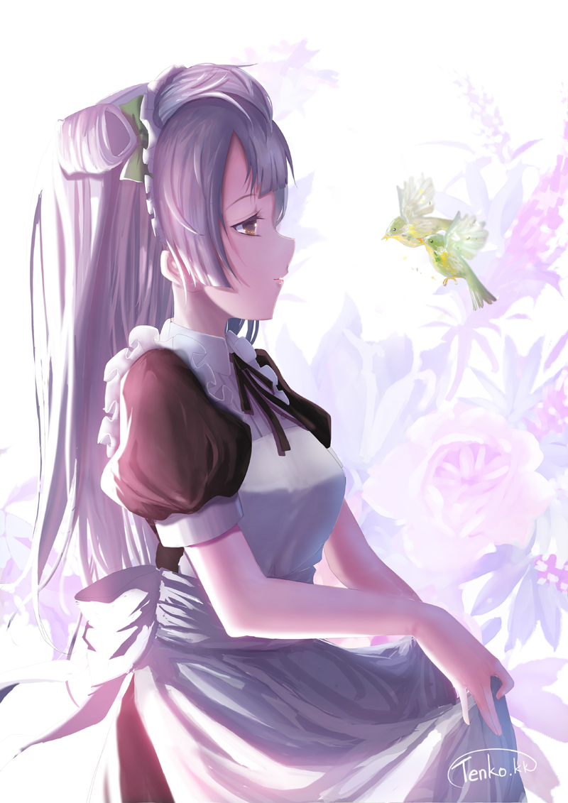 10s, 1girl, apron, bird, bow, female_focus, hair_bow, hair_ornament