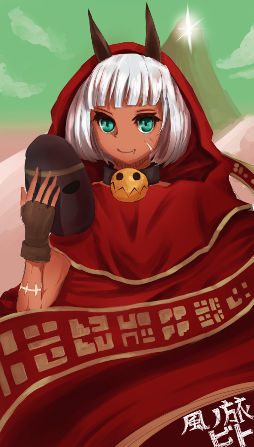 1girl, animal_ears, bad_id, bad_pixiv_id, bell, blue_eyes, bob_cut, cape, cat_ears, collar, cosplay, dark-skinned_female, dark_skin, fang, female_focus, fingerless_gloves, gloves, hood, journey, kumasanpantsu, mask, mountain, ms._fortune_(skullgirls), neck_bell, short_hair, skullgirls, solo, traveler_(cosplay), traveler_(journey), unworn_mask, white_hair