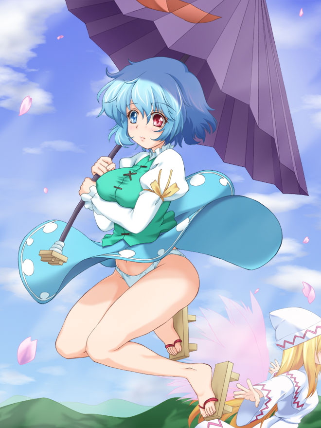 2girls, bare_legs, blonde_hair, blue_eyes, blue_hair, blue_panties, blue_sky, breast_rest, breasts, cherry_blossoms, clothes_lift, cloud, day, female_focus, flying, full_body, geta, head_out_of_frame, heterochromia, hip_focus, juliet_sleeves, karakasa_obake, kirisawa_tokito, large_breasts, legs, legs_up, lily_white, lips, long_hair, long_sleeves, midriff, mountain, multiple_girls, no_socks, outstretched_arms, panties, puffy_sleeves, red_eyes, short_hair, skirt, skirt_lift, skirt_set, sky, spread_arms, tatara_kogasa, touhou, umbrella, underwear, white_panties, wide_sleeves, wings