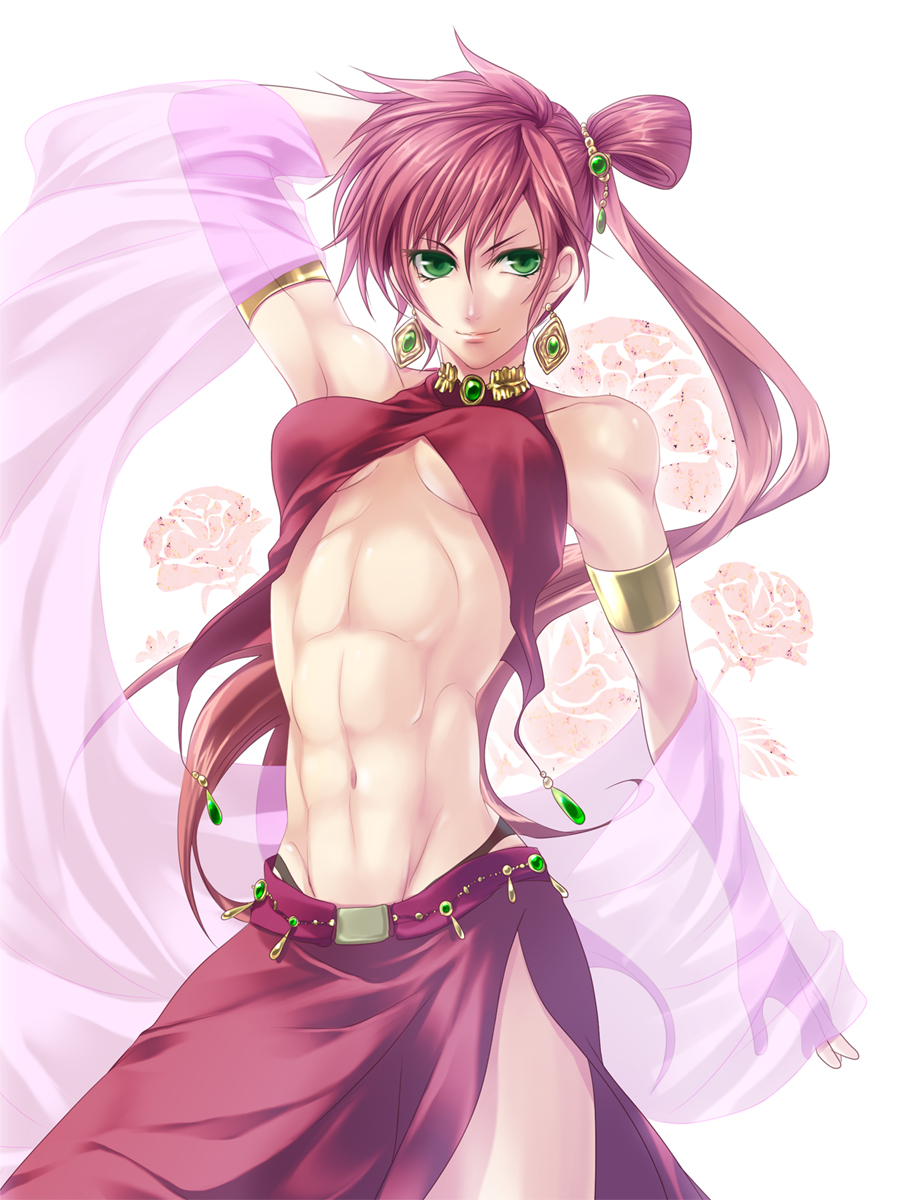 1girl, abs, androgynous, arm_up, armlet, breasts, detached_sleeves, earrings, female_focus, green_eyes, highres, jewelry, killingrock, long_hair, lots_of_jewelry, muscular, navel, pink_hair, pixiv_fantasia, pixiv_fantasia_5, ponytail, side_slit, skirt, smirk, solo, toned, toned_female, topknot, underboob, white_background