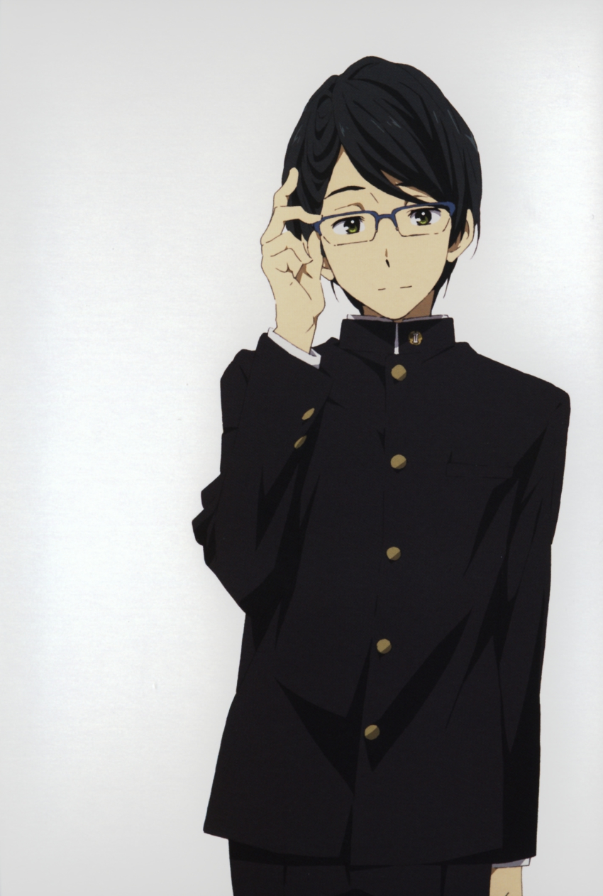 10s, 1boy, absurdres, adjusting_eyewear, black_hair, buttons, gakuran, glasses