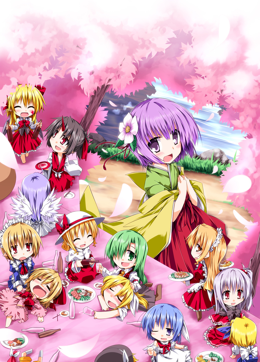 6+girls, alice_margatroid, alice_margatroid_(pc-98), blonde_hair, blue_hair, blush, bottle, bow