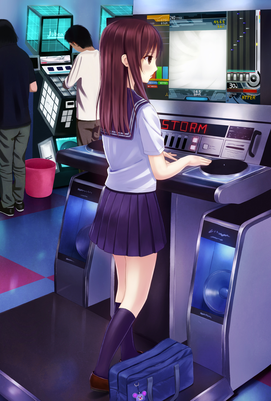1girl, 2boys, arcade, bag, beatmania_iidx, bemani, blue_socks, brown_eyes, brown_hair, highres, jubeat, kneehighs, loafers, megimegyo, multiple_boys, pastel-kun, playing_games, playing_video_games, pleated_skirt, profile, sailor_collar, school_bag, school_uniform, serafuku, shoes, skirt, socks, standing