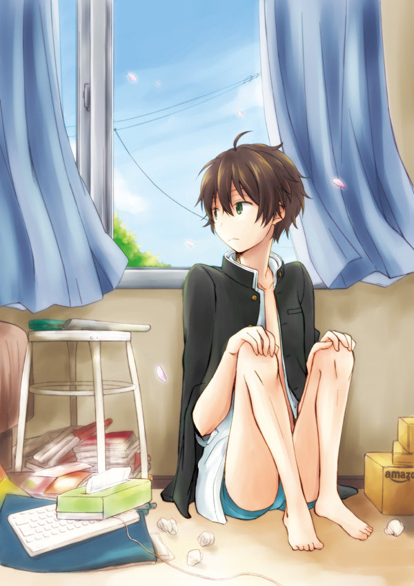 10s, 1boy, barefoot, book, brown_hair, feet, gakuran, green_eyes, hyouka, computer_keyboard, male_focus, open_clothes, oreki_houtarou, school_uniform, short_hair, solo, stool, usachiko, window