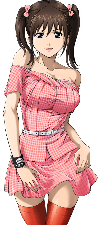 1girl, agata_saaya, artist_request, bare_shoulders, belt, black_eyes, bow, breasts, brown_hair, female_focus, hair_bow, hair_ornament, hair_ribbon, hip_focus, large_breasts, legs, lips, lipstick, long_hair, looking_at_viewer, makeup, orange_thighhighs, red_thighhighs, ribbon, simple_background, sket_dance, skirt, smile, solo, standing, thighhighs, thighs, twintails, white_background, zettai_ryouiki