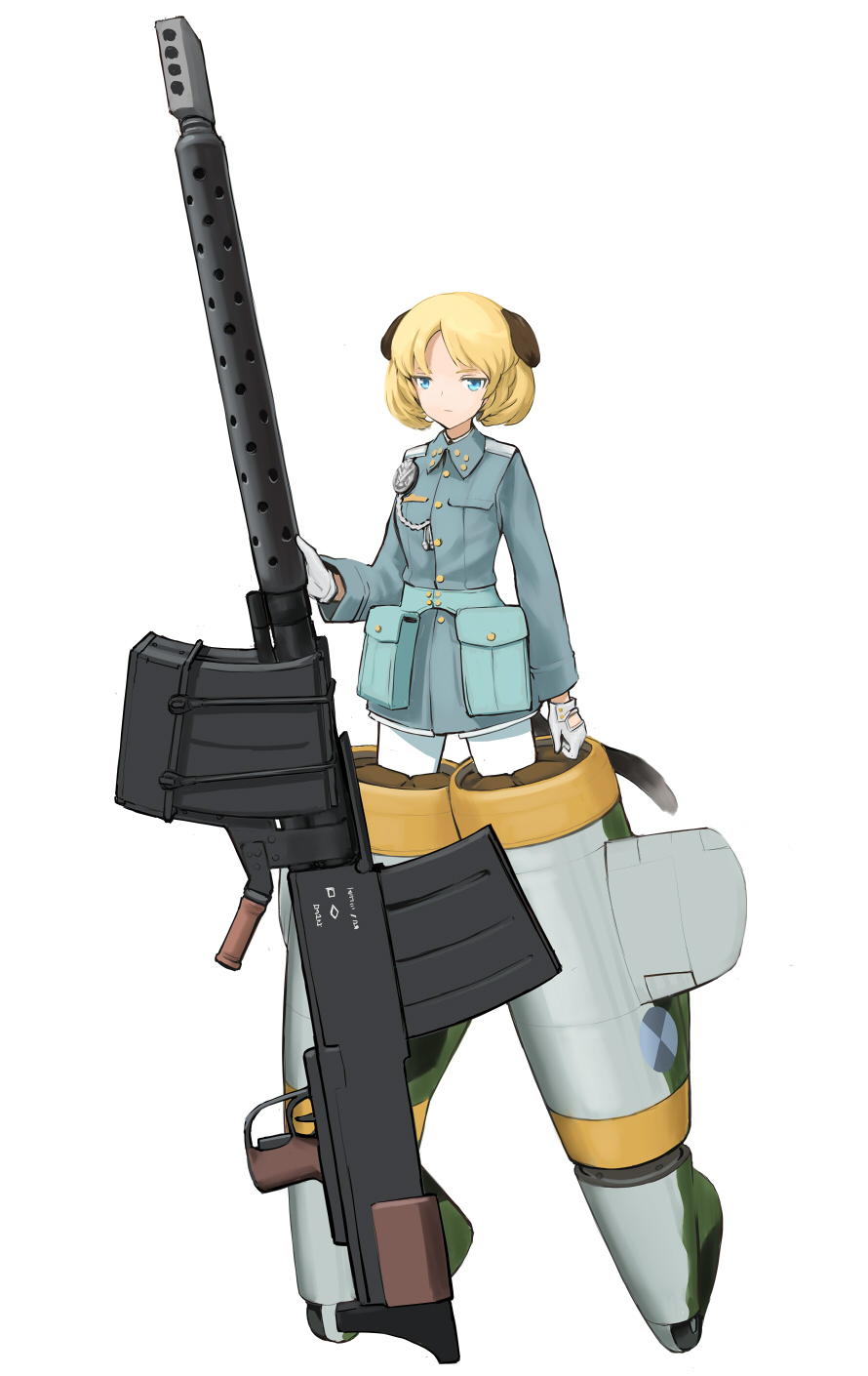 1girl, animal_ears, anti-materiel_rifle, blonde_hair, blue_eyes, dog_ears, dog_tail, female_focus