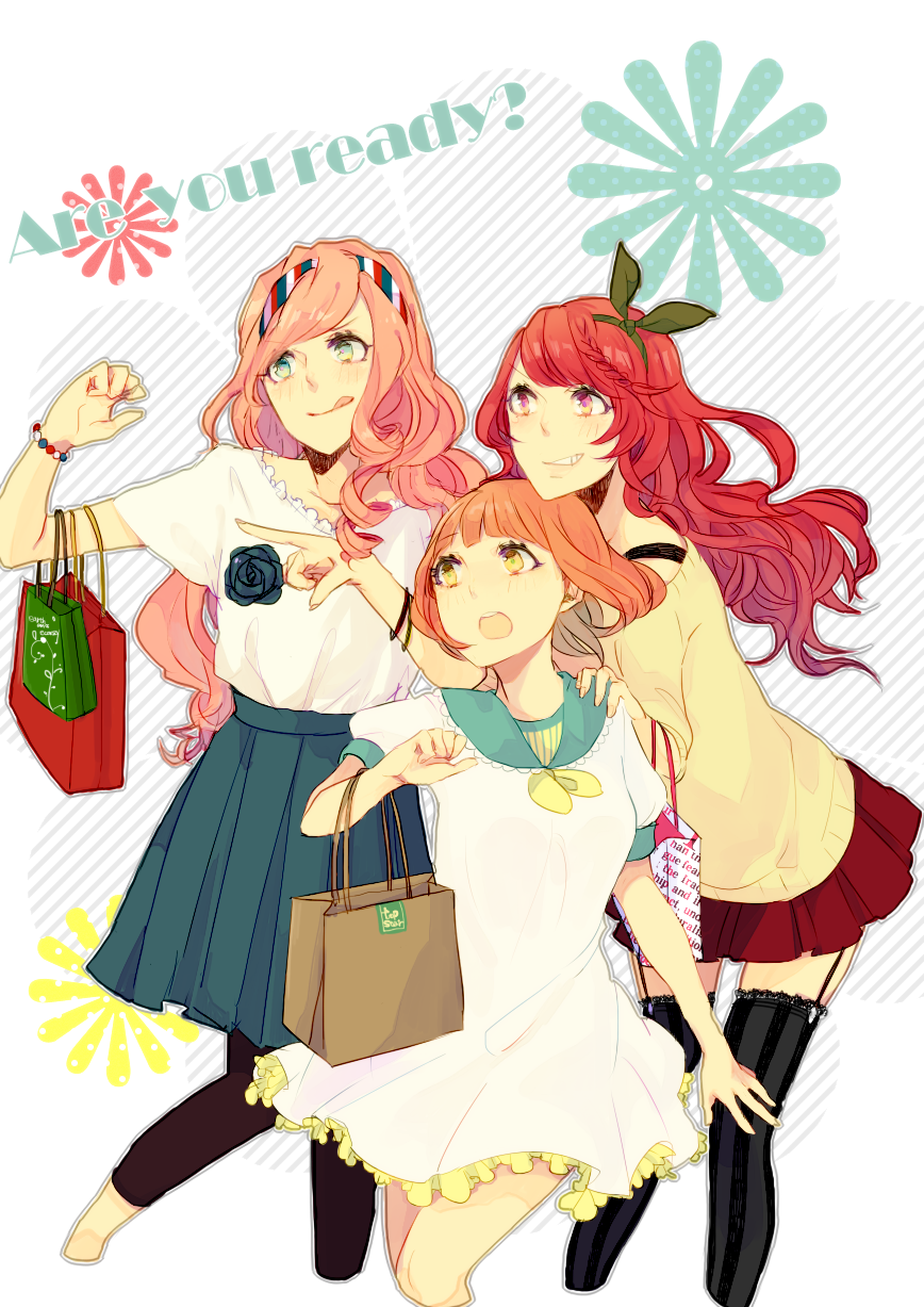 10s, 1boy, 2girls, :d, :o, :q, bad_id, bad_pixiv_id, bag, blue_eyes, bracelet, braid, capri_pants, cropped_legs, doriu, dress, floral_background, flower, garter_straps, green_eyes, hairband, hand_on_shoulder, highres, jewelry, leg_up, leggings, long_hair, multiple_girls, nanami_haruka, open_mouth, outline, pants, pink_hair, pointing, polka_dot, red_eyes, red_hair, rose, shibuya_tomochika, shopping_bag, short_hair, simple_background, skirt, smile, striped_background, striped_clothes, striped_legwear, striped_thighhighs, sweater, text_background, thighhighs, tongue, tongue_out, trap, tsukimiya_ringo, uta_no_prince-sama, vertical-striped_clothes, vertical-striped_legwear, vertical-striped_thighhighs, white_dress, yellow_eyes, zettai_ryouiki