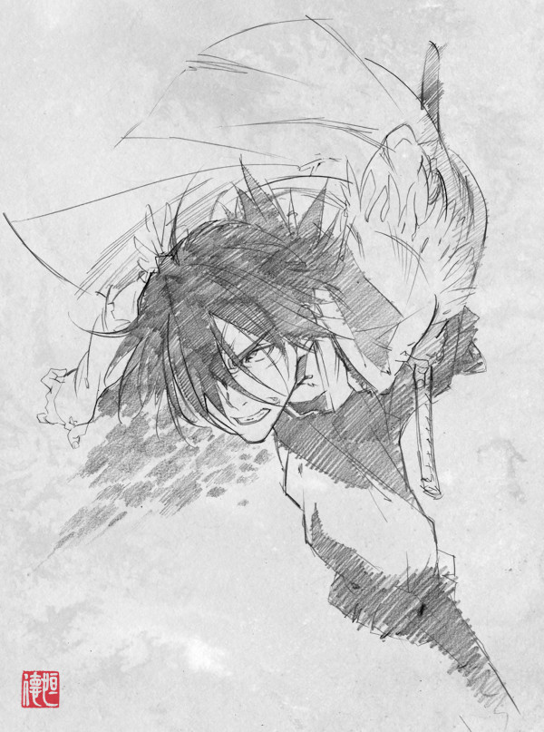 00s, 1boy, black_hair, graphite_(medium), greyscale, male_focus, monochrome, nanashi_(stranger)