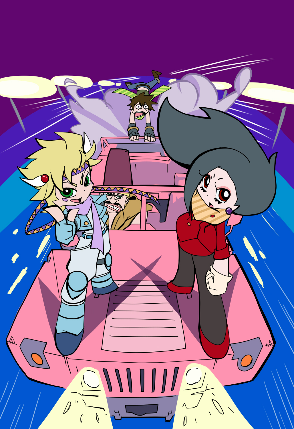 1girl, 3boys, battle_tendency, black_hair, blue_jacket, brown_hair, caesar_anthonio_zeppeli, car