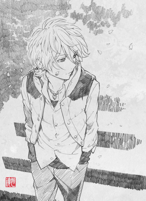 10s, 1boy, fuwa_mahiro, graphite_(medium), greyscale, jewelry, male_focus, monochrome