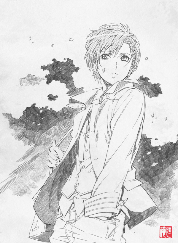 10s, 1boy, graphite_(medium), greyscale, male_focus, monochrome, petals, saito_tsunenori