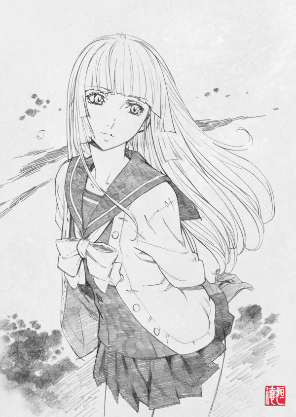 10s, 1girl, female_focus, fuwa_aika, graphite_(medium), greyscale, hime_cut, long_hair
