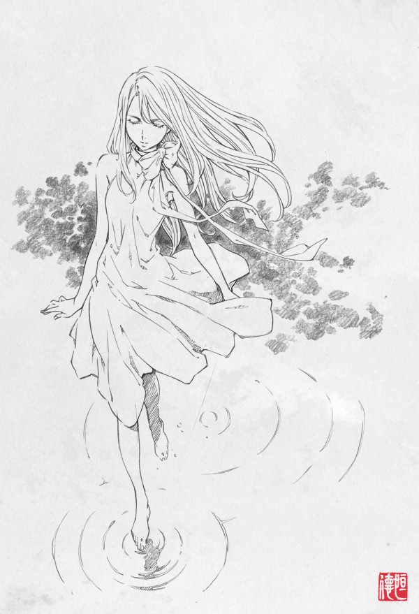 00s, 1girl, barefoot, closed_eyes, dress, female_focus, graphite_(medium), greyscale