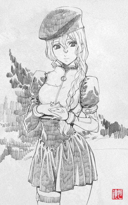 00s, 1girl, beret, braid, dress, female_focus, graphite_(medium), greyscale