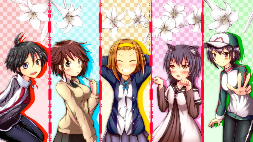 5girls, amagami, animal_ears, asakura-siki, cat_ears, crossover, dress, flower, funami_yui, highres, idolmaster, idolmaster_(classic), k-on!, kikuchi_makoto, multiple_girls, original, sailor_dress, sakurai_rihoko, school_uniform, serafuku, short_hair, tainaka_ritsu, yuruyuri