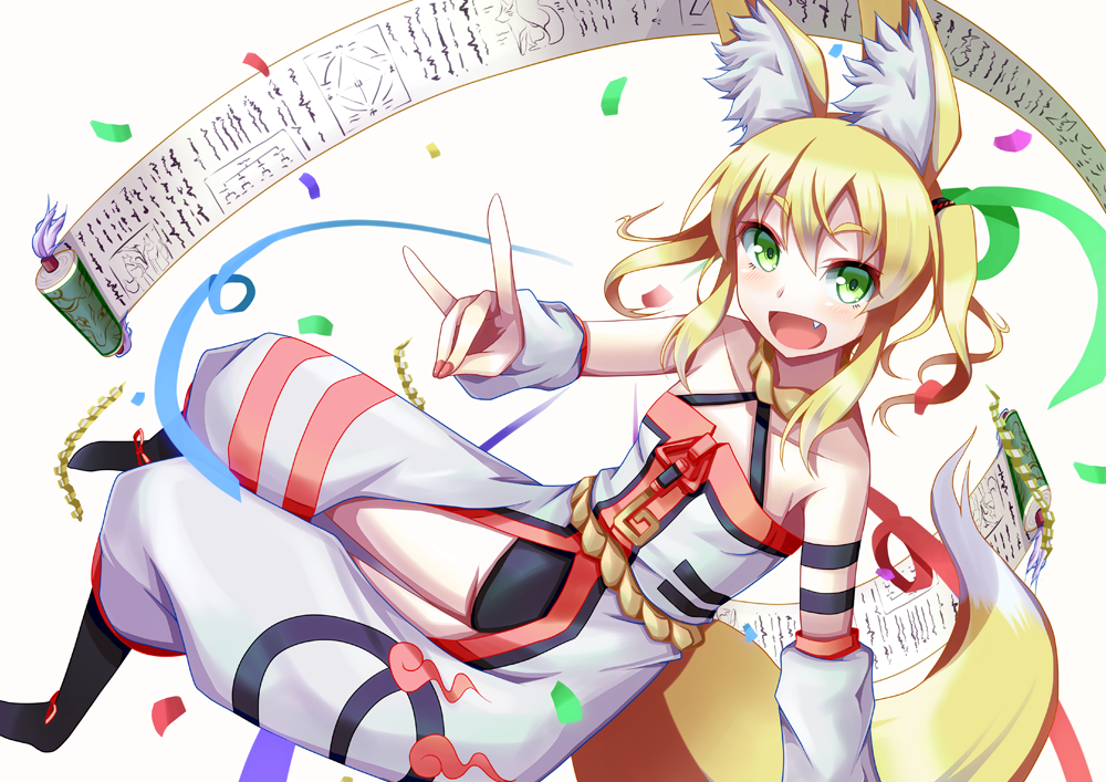 1girl, akiyasu, animal_ears, bare_shoulders, blonde_hair, fang, female_focus, fox_ears