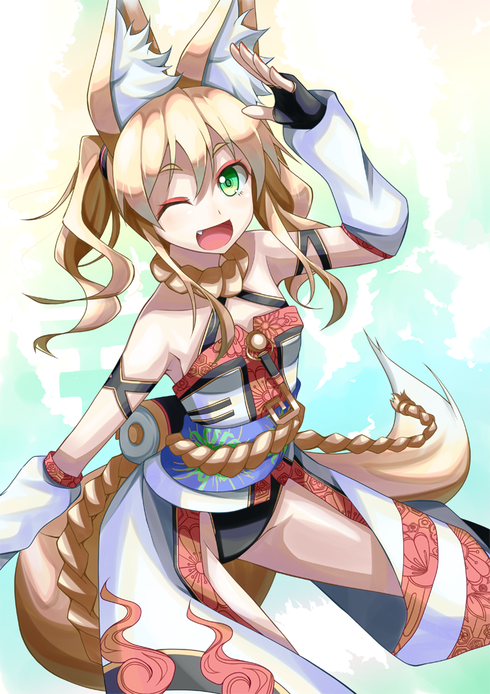 1girl, akiyasu, animal_ears, blonde_hair, fang, female_focus, fox_ears, fox_tail, green_eyes, japanese_clothes, kitsunezuka_kyuu, looking_at_viewer, one_eye_closed, open_mouth, original, short_hair, smile, solo, tail, twintails, wink