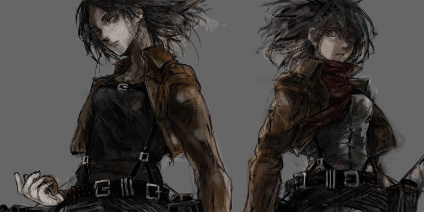 2girls, bad_id, bad_pixiv_id, belt, black_hair, buckle, dark, freckles