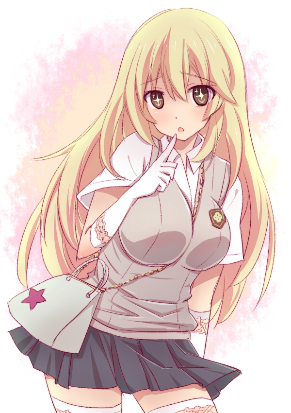 +_+, 1girl, :o, bag, between_breasts, blonde_hair, breasts, chain, female_focus, finger_to_mouth, gloves, handbag, long_hair, looking_at_viewer, nobutake_(nobu0), school_uniform, shokuhou_misaki, skirt, solo, strap_between_breasts, sweater_vest, symbol-shaped_pupils, thighhighs, toaru_kagaku_no_railgun, toaru_majutsu_no_index, yellow_eyes, zettai_ryouiki